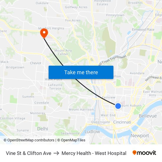 Vine St & Clifton Ave to Mercy Health - West Hospital map