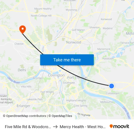Five Mile Rd & Woodcroft Dr to Mercy Health - West Hospital map