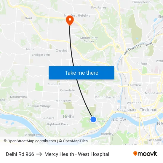 Delhi Rd 966 to Mercy Health - West Hospital map