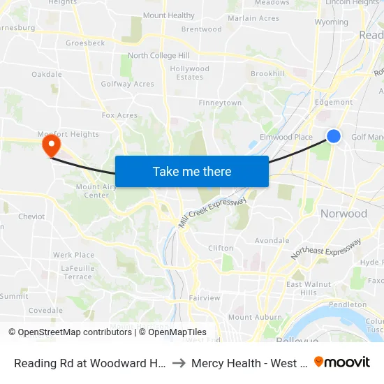 Reading Rd at Woodward High School to Mercy Health - West Hospital map