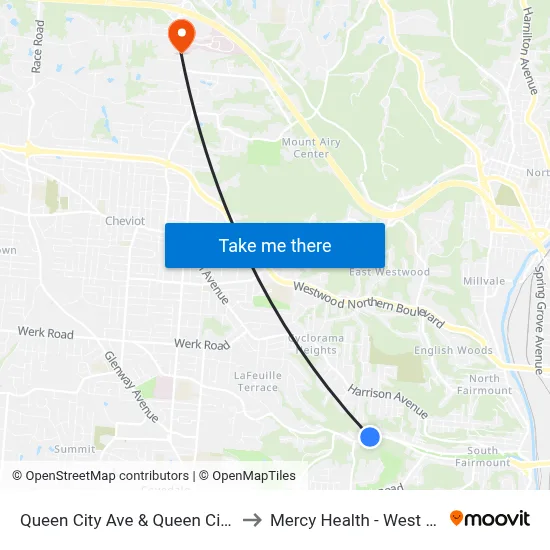 Queen City Ave & Queen City Bypass to Mercy Health - West Hospital map