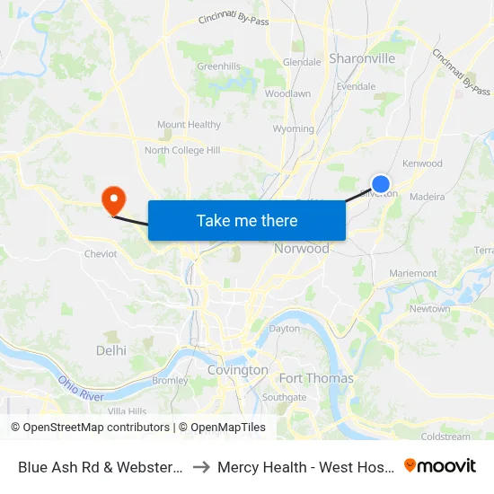 Blue Ash Rd & Webster Ave to Mercy Health - West Hospital map