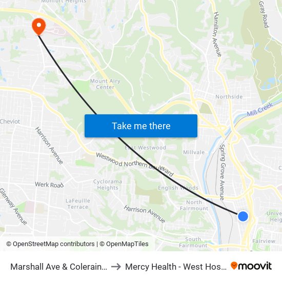 Marshall Ave & Colerain Ave to Mercy Health - West Hospital map