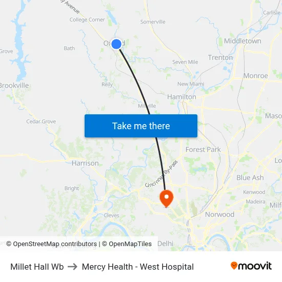 Millet Hall Wb to Mercy Health - West Hospital map