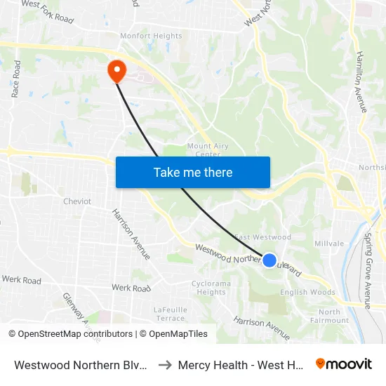 Westwood Northern Blvd 2236 to Mercy Health - West Hospital map