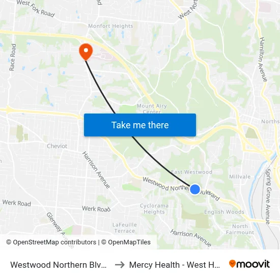 Westwood Northern Blvd 2211 to Mercy Health - West Hospital map