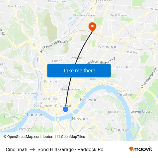 Cincinnati to Bond Hill Garage - Paddock Rd map