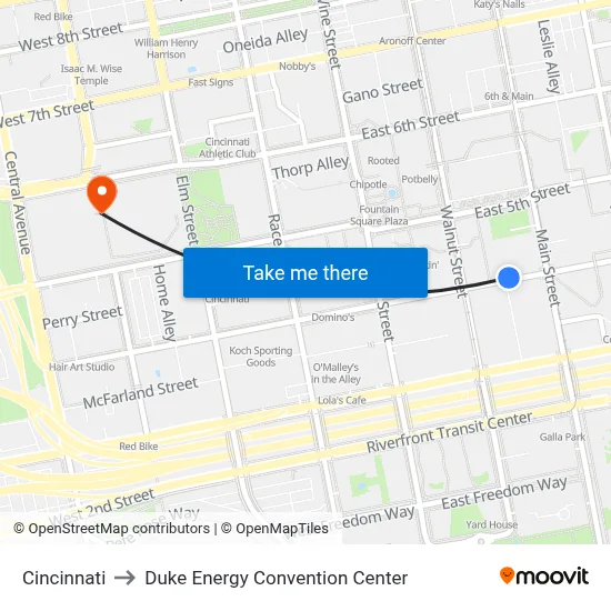 Cincinnati to Duke Energy Convention Center map