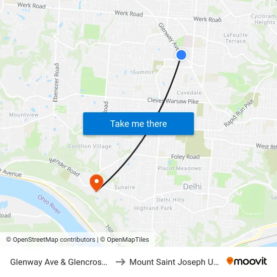Glenway Ave & Glencrossing Way to Mount Saint Joseph University map