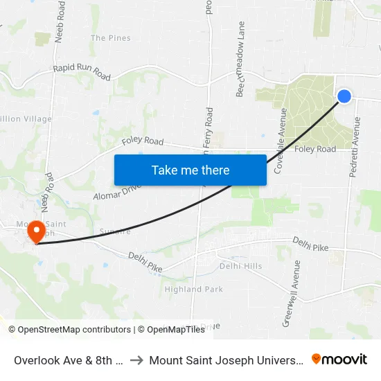 Overlook Ave & 8th St to Mount Saint Joseph University map