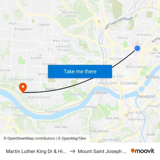Martin Luther King Dr & Highland Ave to Mount Saint Joseph University map