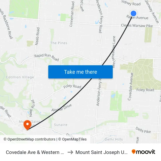 Covedale Ave & Western Hills Ave to Mount Saint Joseph University map