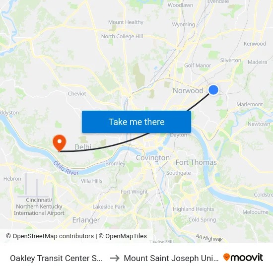 Oakley Transit Center Shelter 4 to Mount Saint Joseph University map