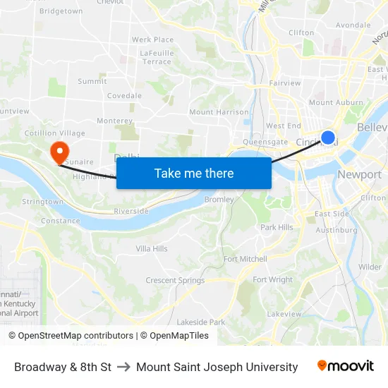 Broadway & 8th St to Mount Saint Joseph University map
