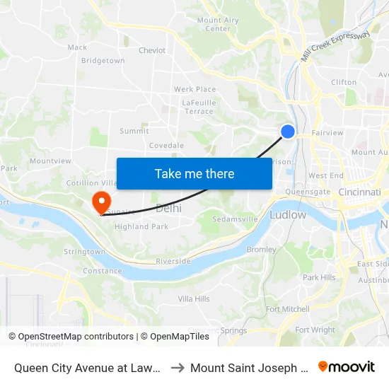 Queen City Avenue at Lawnway Street to Mount Saint Joseph University map