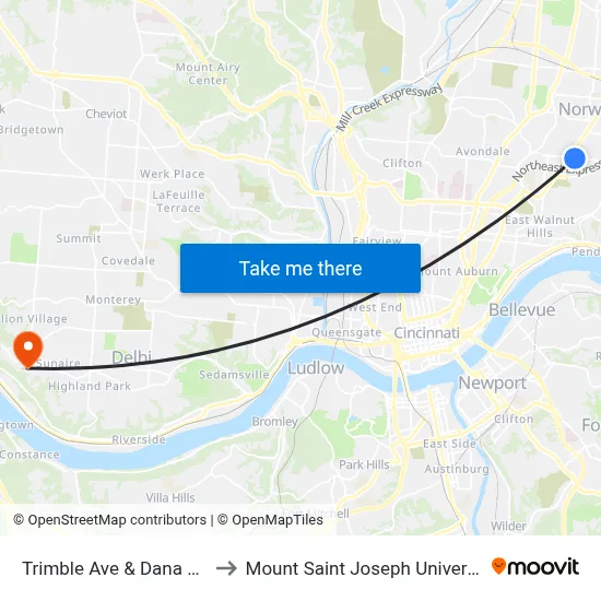 Trimble Ave & Dana Ave to Mount Saint Joseph University map