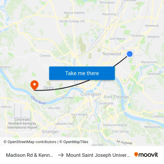 Madison Rd & Kennedy to Mount Saint Joseph University map