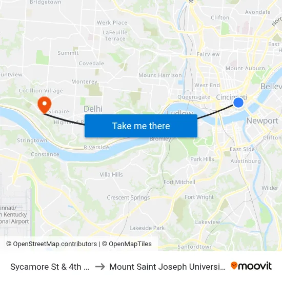 Sycamore St & 4th St to Mount Saint Joseph University map