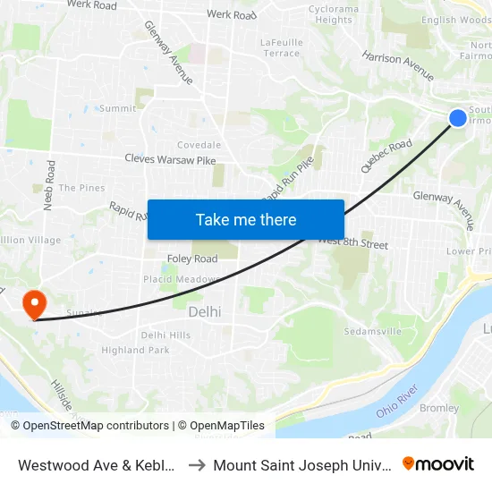 Westwood Ave & Kebler Aly to Mount Saint Joseph University map