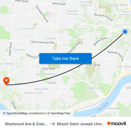 Westwood Ave & Grand Ave to Mount Saint Joseph University map