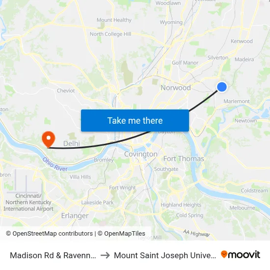 Madison Rd & Ravenna St to Mount Saint Joseph University map