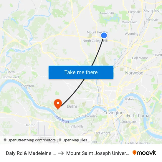 Daly Rd & Madeleine Cir to Mount Saint Joseph University map