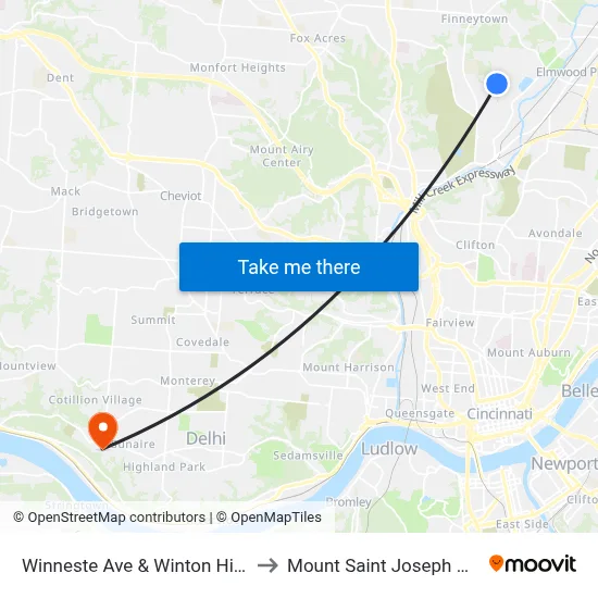 Winneste Ave & Winton Hills Church to Mount Saint Joseph University map