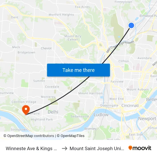 Winneste Ave & Kings Run Dr to Mount Saint Joseph University map