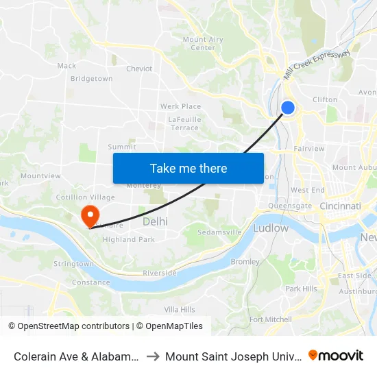 Colerain Ave & Alabama Ave to Mount Saint Joseph University map