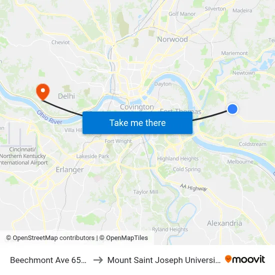 Beechmont Ave 6536 to Mount Saint Joseph University map