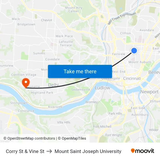 Corry St & Vine St to Mount Saint Joseph University map