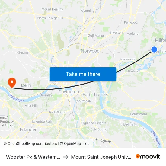 Wooster Pk & Western Ave to Mount Saint Joseph University map