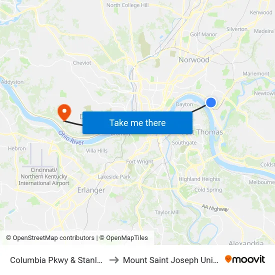 Columbia Pkwy & Stanley Ave to Mount Saint Joseph University map