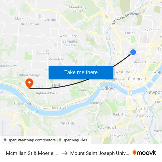 Mcmillan St & Moerlein Ave to Mount Saint Joseph University map