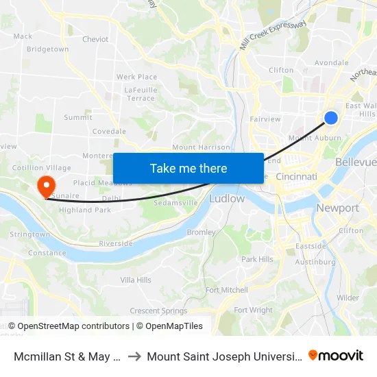 Mcmillan St & May St to Mount Saint Joseph University map