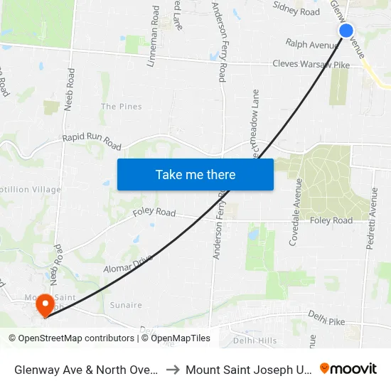 Glenway Ave & North Overlook Ave to Mount Saint Joseph University map