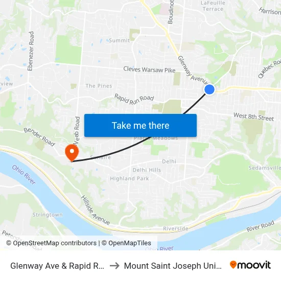 Glenway Ave & Rapid Run Rd to Mount Saint Joseph University map