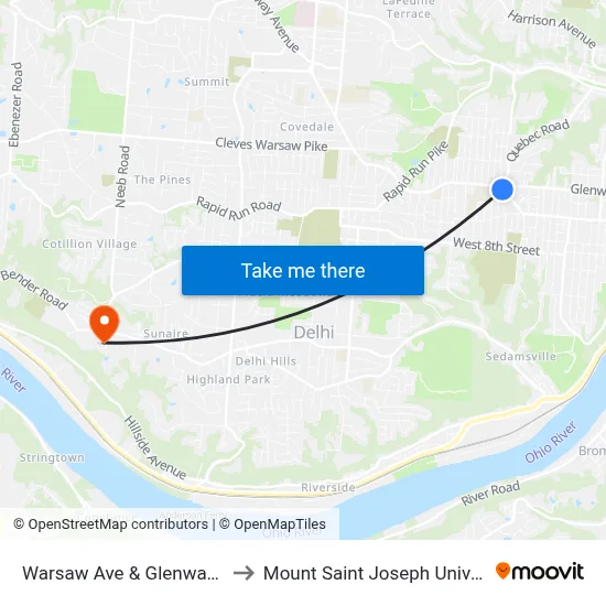 Warsaw Ave & Glenway Ave to Mount Saint Joseph University map