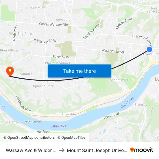 Warsaw Ave & Wilder Ave to Mount Saint Joseph University map