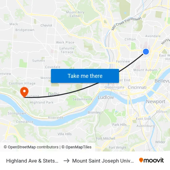 Highland Ave & Stetson St to Mount Saint Joseph University map
