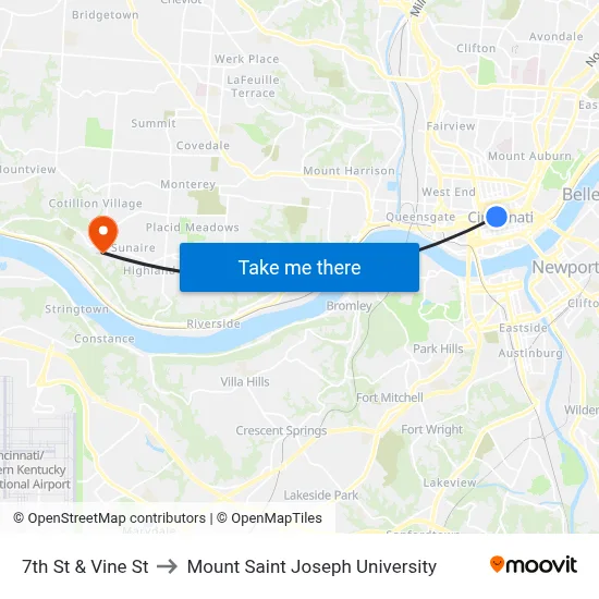 7th St & Vine St to Mount Saint Joseph University map