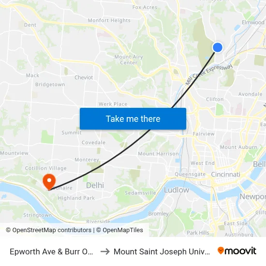 Epworth Ave & Burr Oak St to Mount Saint Joseph University map