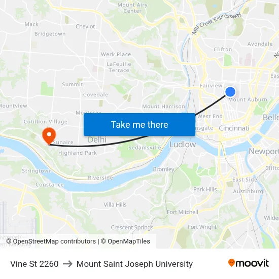 Vine St 2260 to Mount Saint Joseph University map