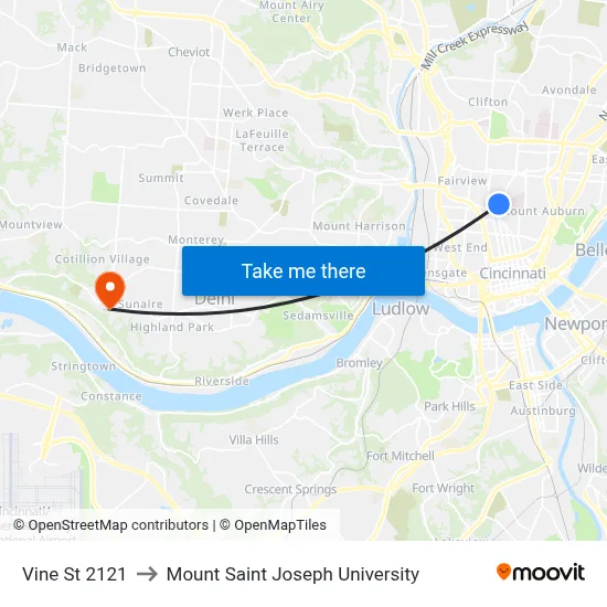 Vine St 2121 to Mount Saint Joseph University map