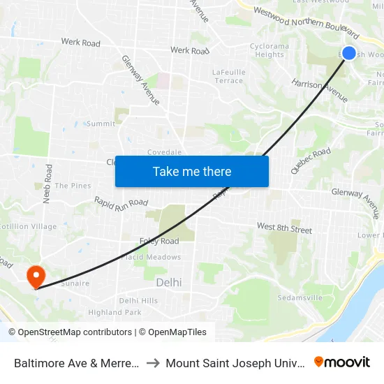 Baltimore Ave & Merrel Ave to Mount Saint Joseph University map