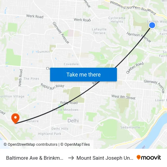 Baltimore Ave & Brinkmeier Ave to Mount Saint Joseph University map