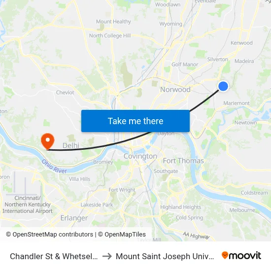 Chandler St & Whetsel Ave to Mount Saint Joseph University map