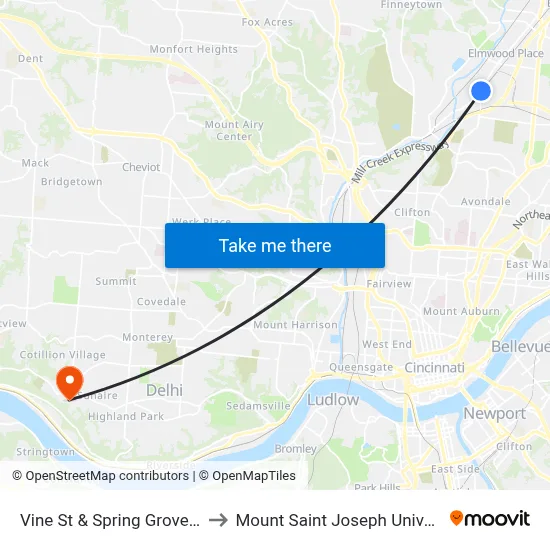 Vine St & Spring Grove Ave to Mount Saint Joseph University map