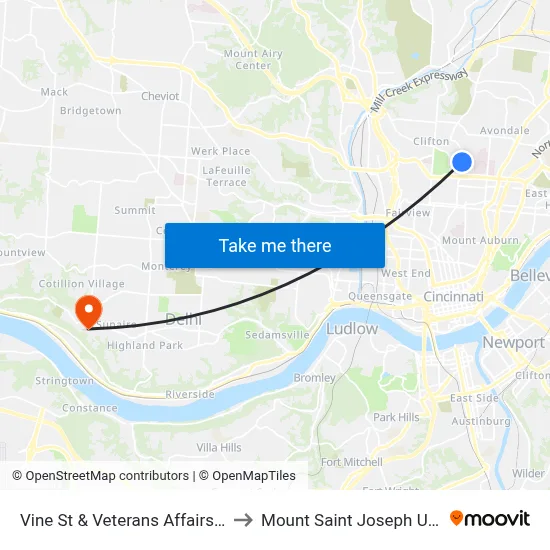 Vine St & Veterans Affairs Hospital to Mount Saint Joseph University map