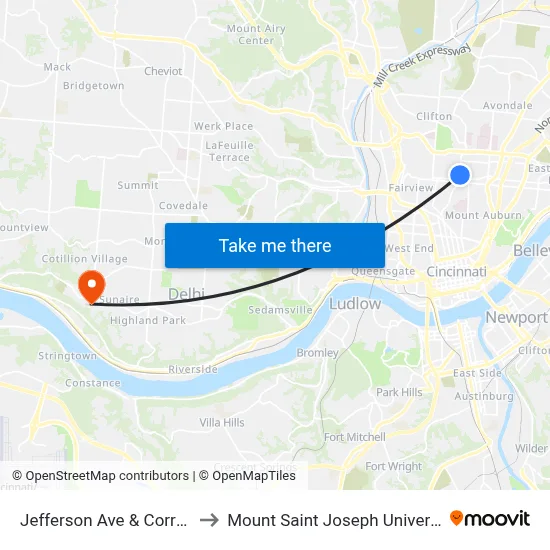 Jefferson Ave & Corry St to Mount Saint Joseph University map